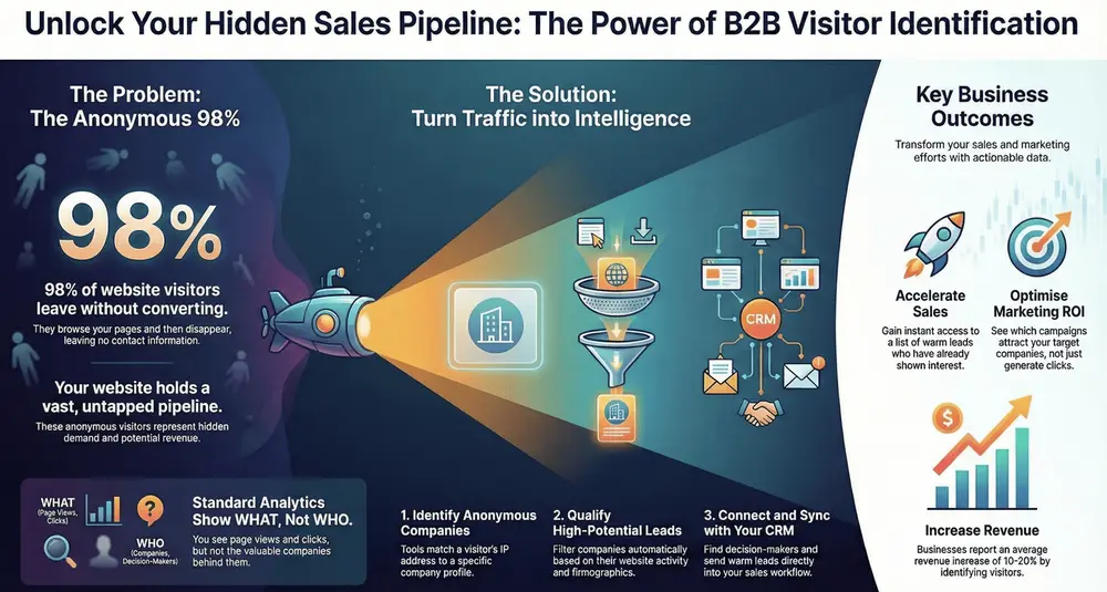Infographic: Unlock Your Hidden Sales Pipeline. 98% of website visitors leave without converting; visitor identification turns that traffic into named companies, qualified leads and CRM records, helping accelerate sales and optimise marketing ROI